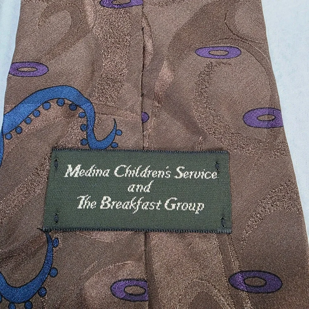 Medina Childrens Service Silk Tie Brown Blue Abstract Tentacle Wide Necktie USA